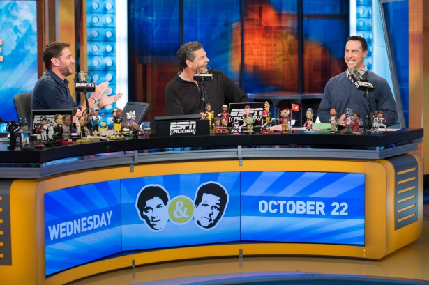 Mike Greenberg (far left) and Mike Golic welcomed Mark Teixeira  (far right) to the set of Mike & Mike on Wednesday.   (Rich Arden/ESPN Images)
