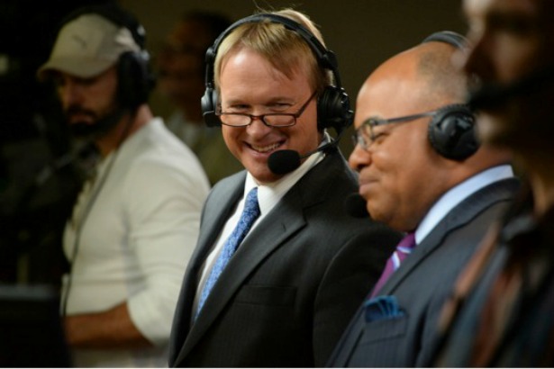 (L-R) Production spotter Tony Granieri, analyst Jon Gruden and play-by-play commentator Mike Tirico. Said Granieri: “I get paid to watch football. Next to a Super Bowl winning coach. In the MNF booth. In the end, my job is a dream.” (Allen Kee/ESPN Images)
